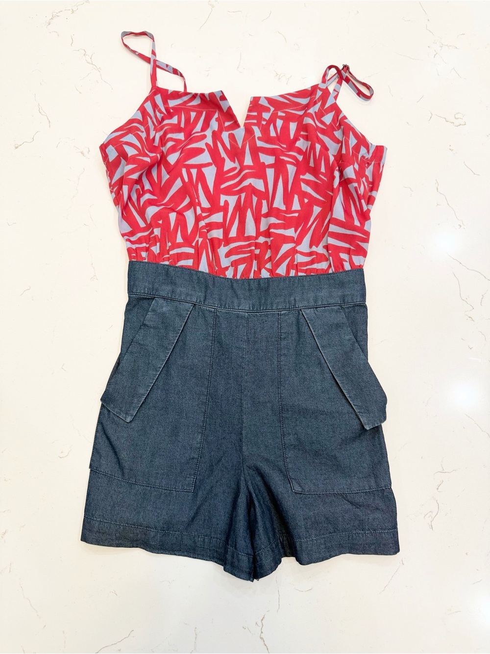 BCBGeneration Red Printed Romper with Dark Denim Shorts